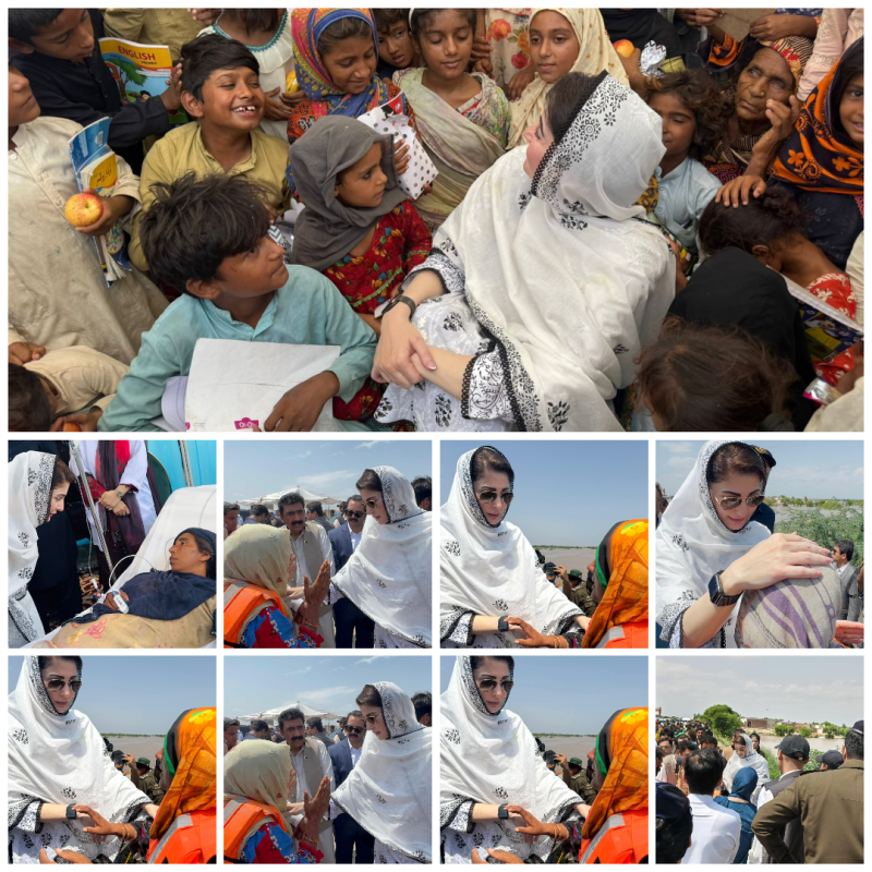 مریم نواز کا فلڈ ریلیف کیمپ کا دورہ، بچوں کے ساتھ وقت گزارا، خواتین کو تحائف دیے