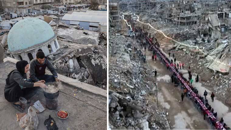 غزہ: اسرائیلی حملوں کے بعد ایک فلسطینی خاندان کا اپنے گھر کے ملبے پر روزہ افطار 